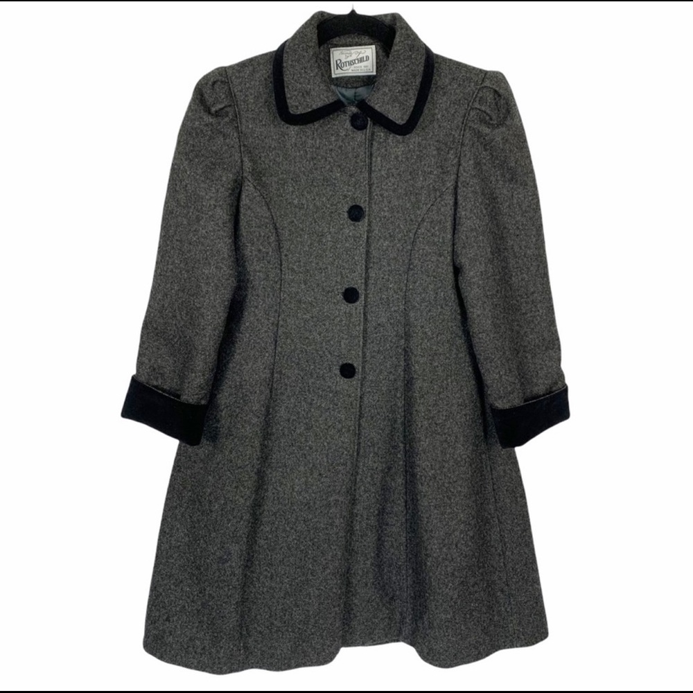 Vintage Girl’s Rothschild Charcoal Gray Wool Velvet Bow Trim Long Coat Size 10